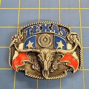 Texas w Texas Flag Longhorn Silver Pewter Buckle
